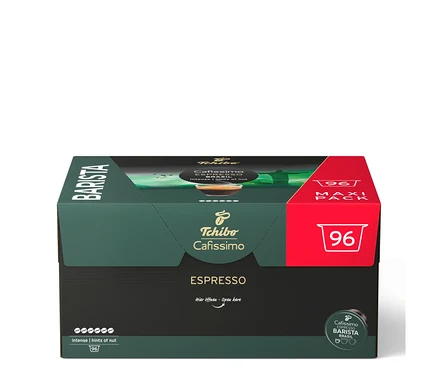 Ciemnozielone i czerwone opakowanie kapsułek kawy Tchibo Cafissimo Barista Espresso Brasil, z napisem „96 MAXI PACK” i „intense | hints of nut”.