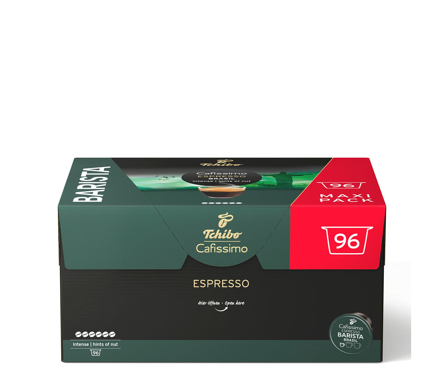 Ciemnozielone i czerwone opakowanie kapsułek kawy Tchibo Cafissimo Barista Espresso Brasil, z napisem „96 MAXI PACK” i „intense | hints of nut”.