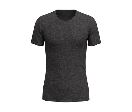 Ciemnoszary melanżowy T-shirt z krótkim rękawem i okrągłym dekoltem.