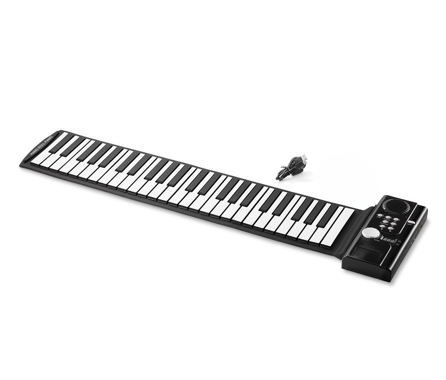 Czarne elektroniczne, zwijane pianino z czarnym adapterem.