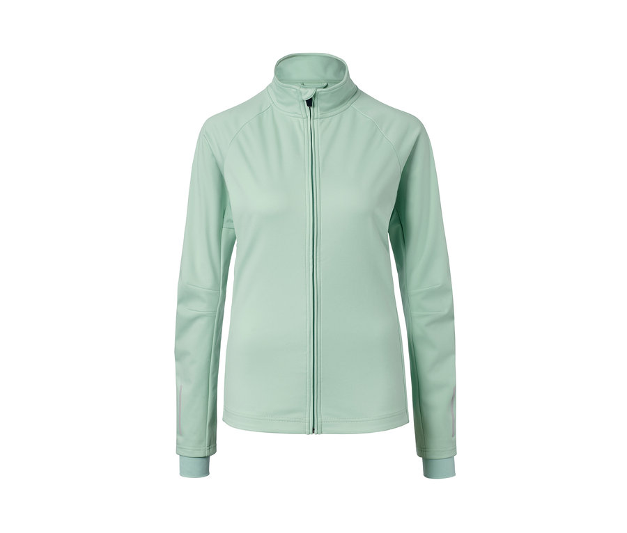 Zielona rowerowa kurtka funkcyjna z zamkiem błyskawicznym pośrodku.