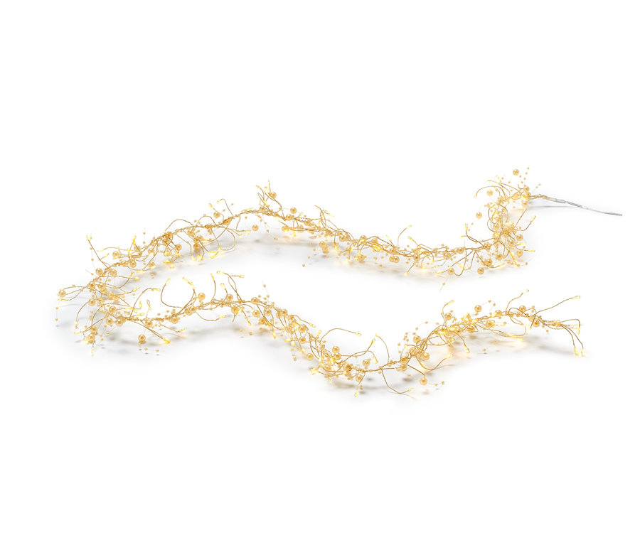 Girlanda LED z ozdobnymi perłami na białym tle.