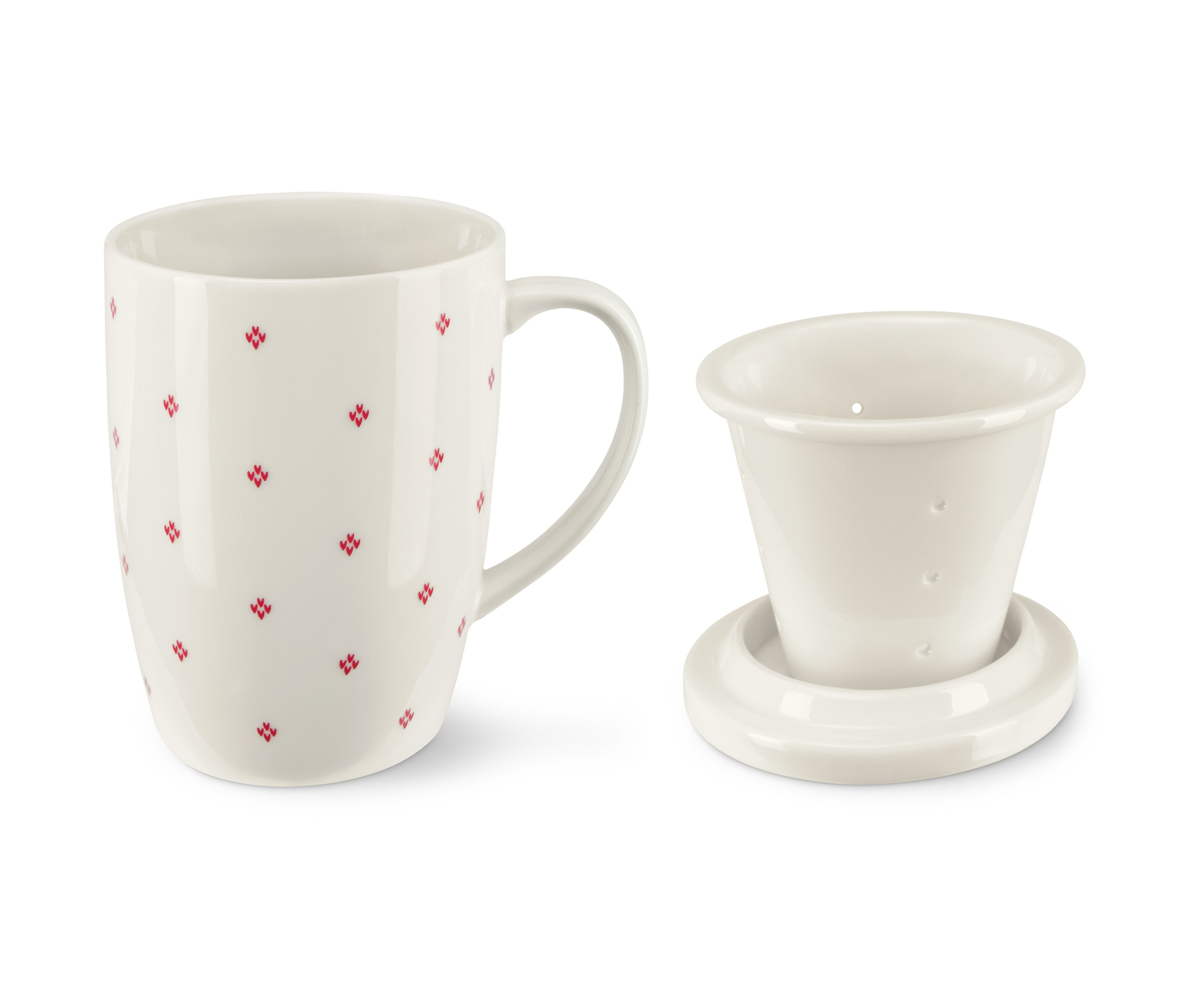 Porcelanowy kubek do herbaty z sitkiem i przykrywką. Kubek jest biały z czerwonymi wzorami.