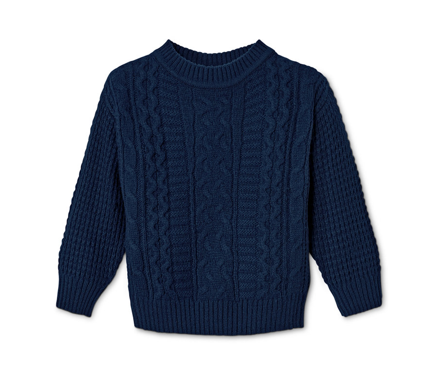 Granatowy sweter z dzianiny leży na białym tle.