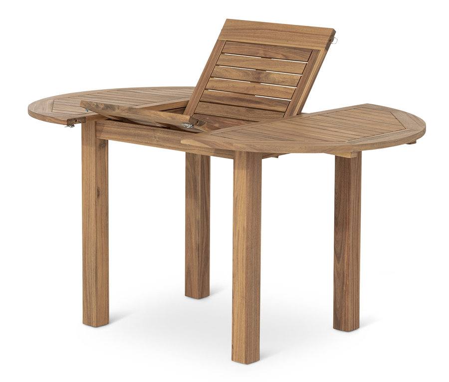 Częściowo rozłożony okrągły stół rozsuwany z drewna tekowego.