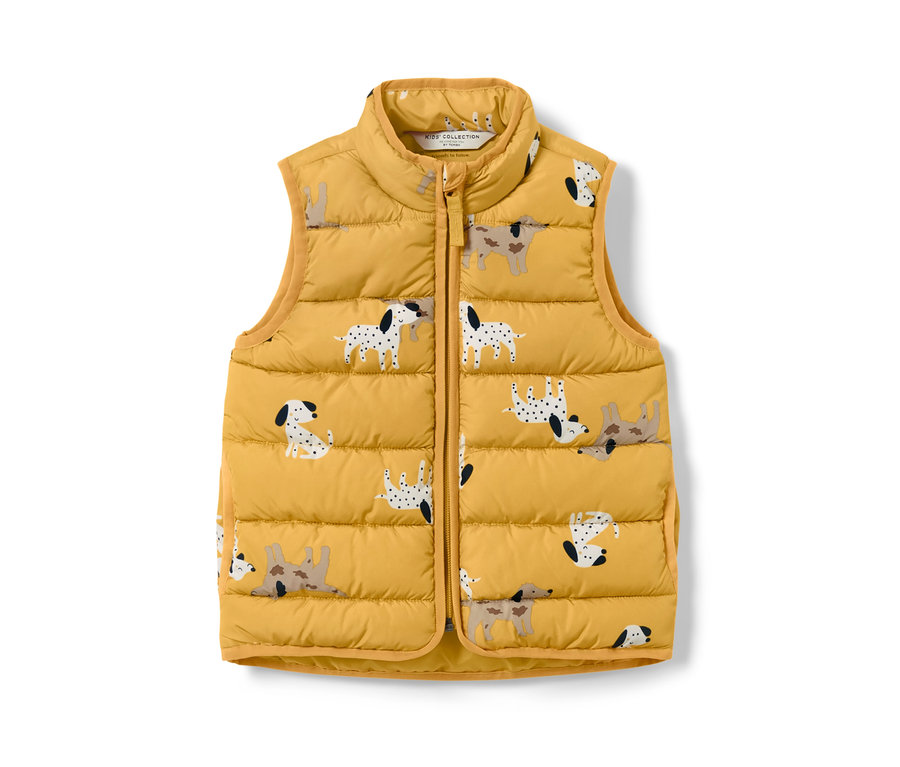 Żółta pikowana kamizelka dziecięca z nadrukiem psów.