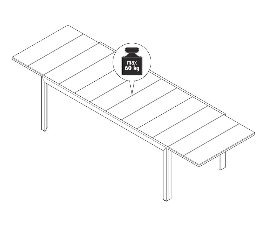 Szkic rozkładanego stołu z blatem Duraboard o maksymalnym obciążeniu 60 kg.