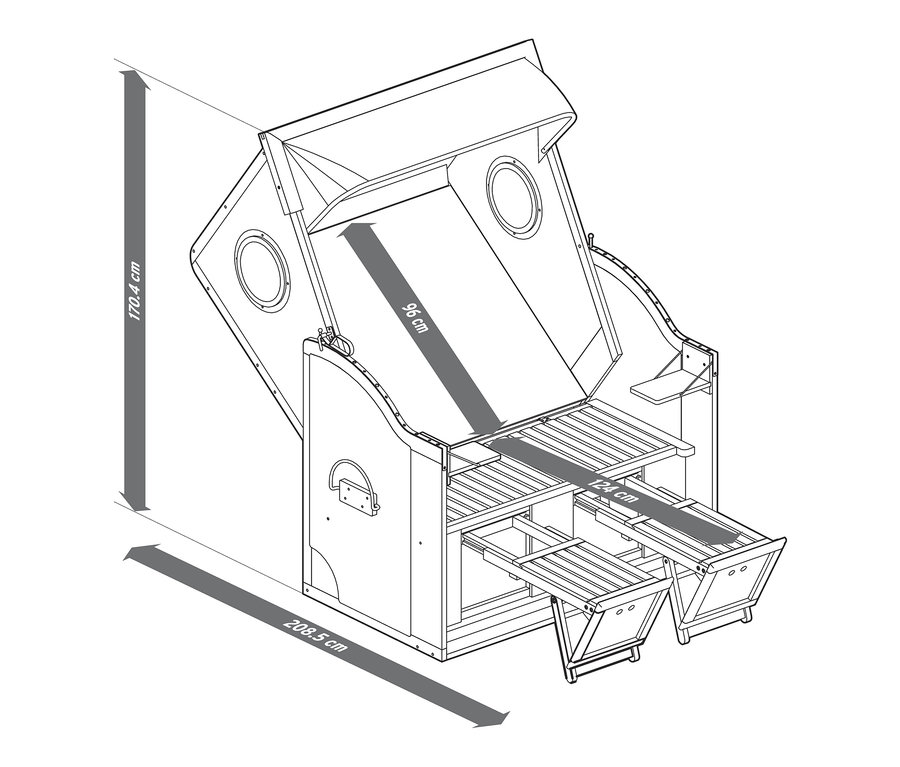 Rysunek kosza plażowego Premium XL z dwoma rozkładanymi stolikami i wymiarami.