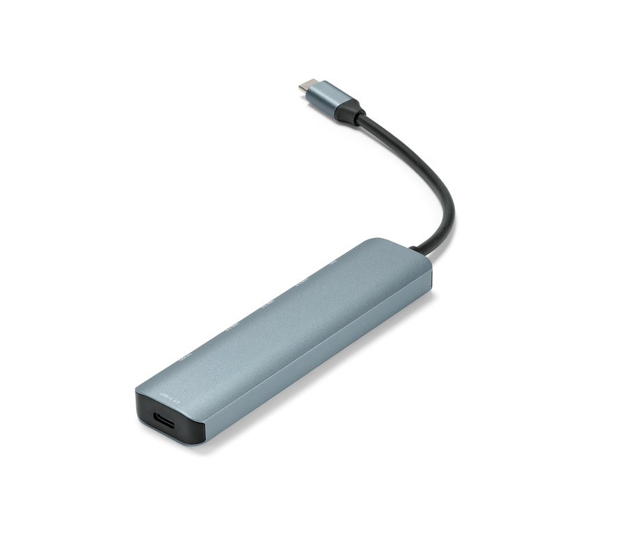 Niebieski hub USB z czarnym kablem na białym tle.