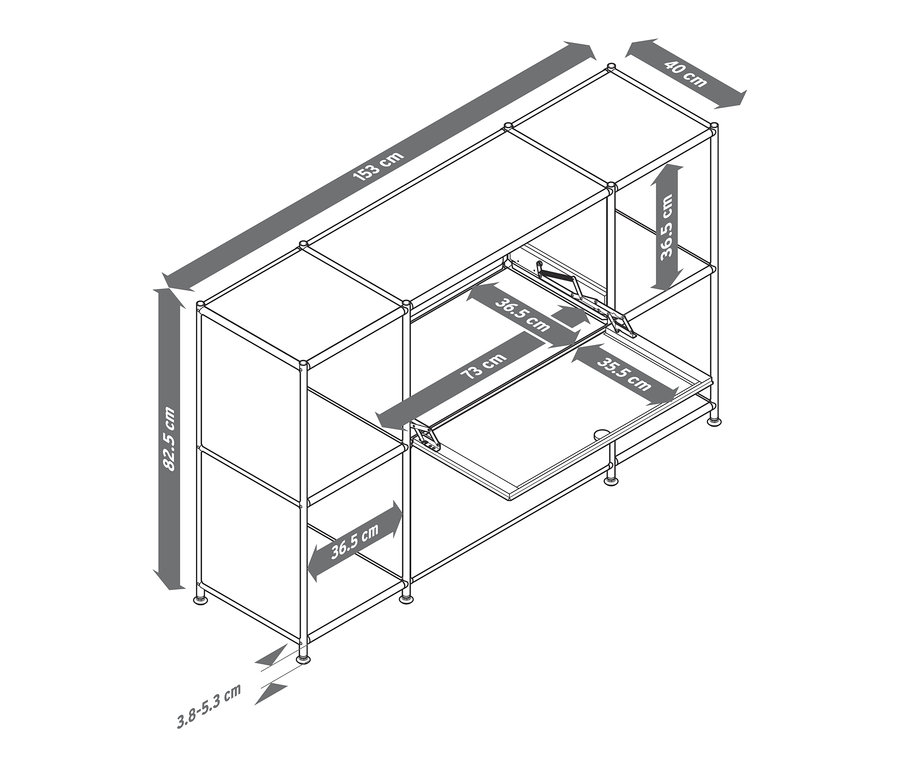 Wymiary szafki typu sideboard „CN3” z 2 parami drzwi.