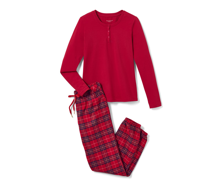 Piżama flanelowa, w kratkę, czerwona koszula z długim rękawem i spodnie w kratę.