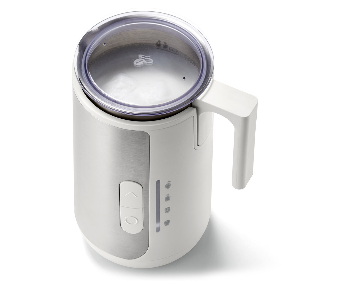 Spieniacz do mleka z przezroczystą pokrywką i białym uchwytem.