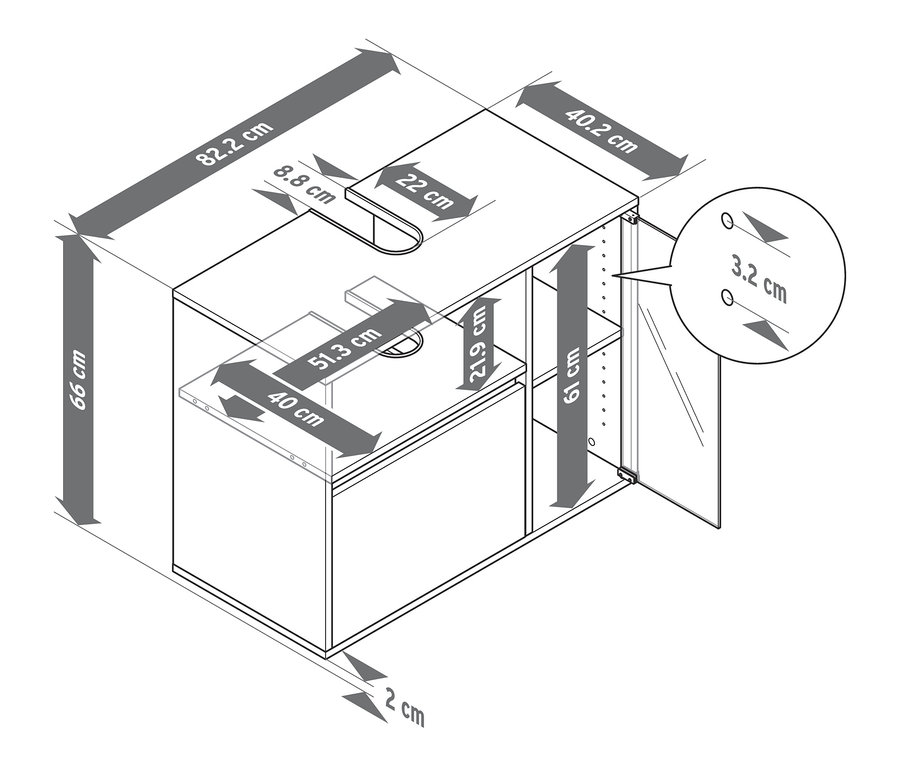 Rysunek szafki pod umywalkę z wymiarami.
