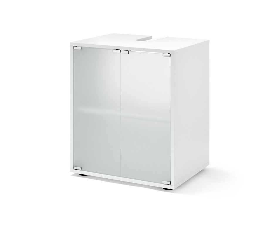 Szafka pod umywalkę z dwiema szklanymi szybami.