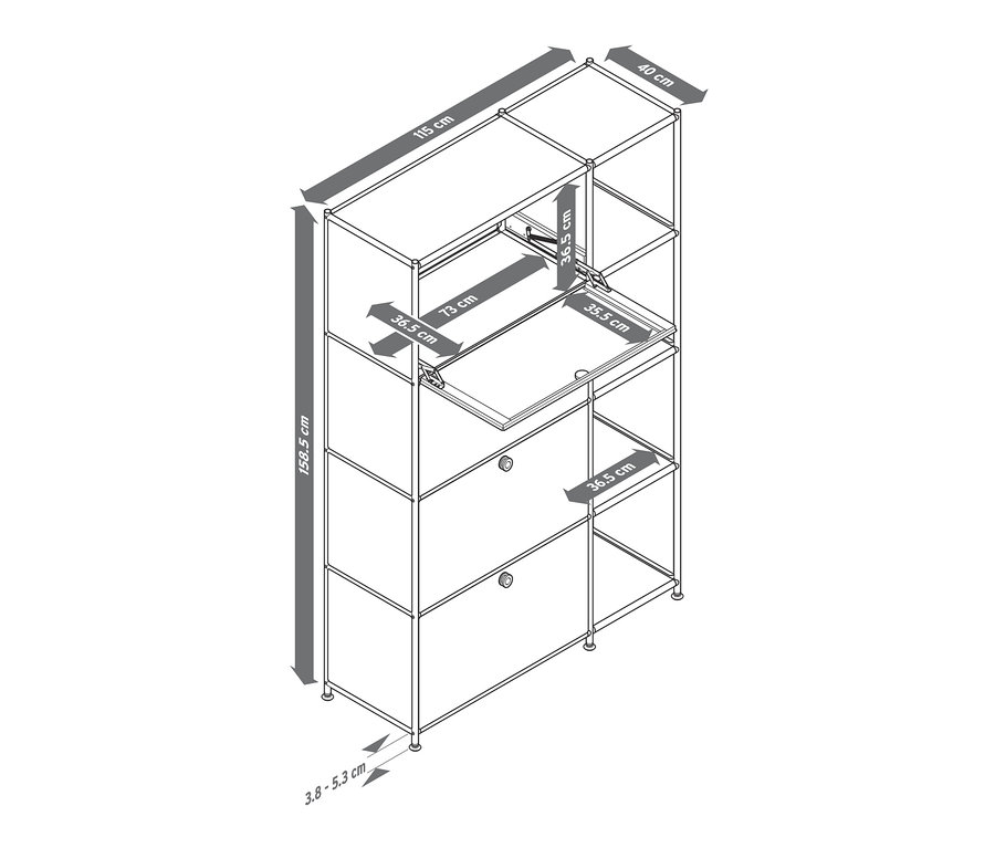 Szkic metalowego regału »CN3« z 4 komorami z klapami z odpowiednimi wymiarami.