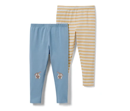 Niebieskie legginsy niemowlęce z króliczkami i żółto-białe legginsy niemowlęce w paski, 2 pary.