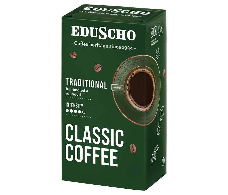 Opakowanie kawy Eduscho Classic Coffee Traditional, 500 g, kawa mielona. Zielone opakowanie ze zdjęciem filiżanki kawy.