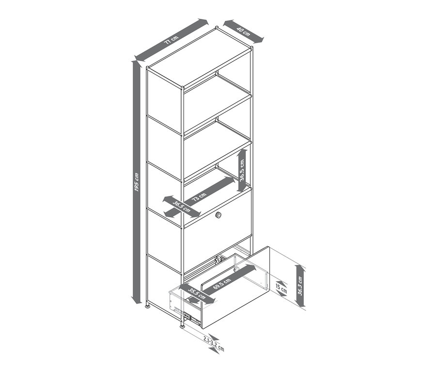 Szkic metalowego regału »CN3« z 2 szufladami z wymiarami.