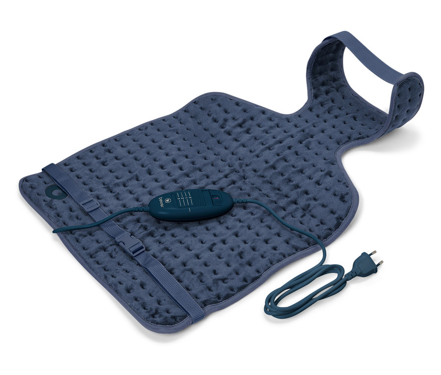 Niebieska podkładka grzewcza z pilotem i kablem zasilającym.