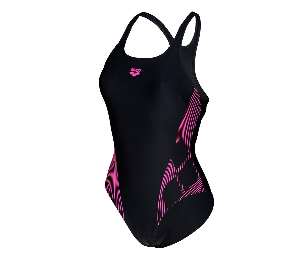 Czarny kostium kąpielowy arena Feel Lily Swim Pro Back z różowymi detalami.