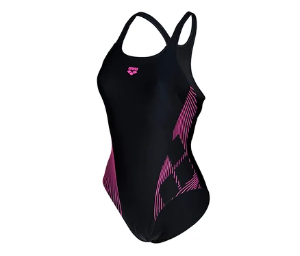 Czarny kostium kąpielowy arena Feel Lily Swim Pro Back z różowymi detalami.