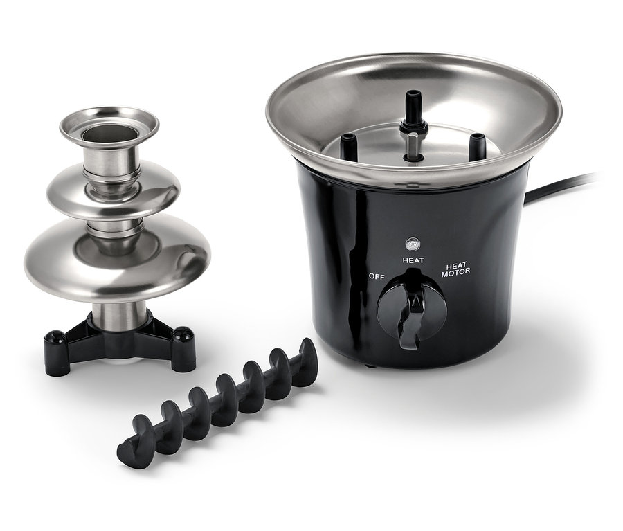 Fontanna czekoladowa ze srebrnymi poziomami i czarną podstawą, obok czarna spirala.