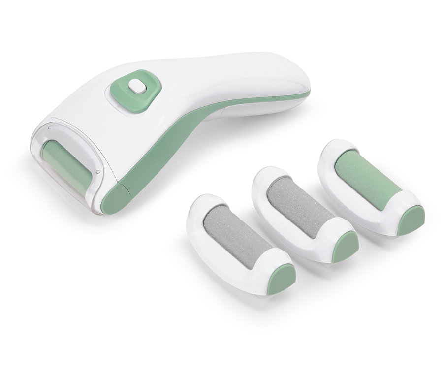 Elektryczny pilnik do stóp w kolorze białym i zielonym z trzema dodatkowymi rolkami.