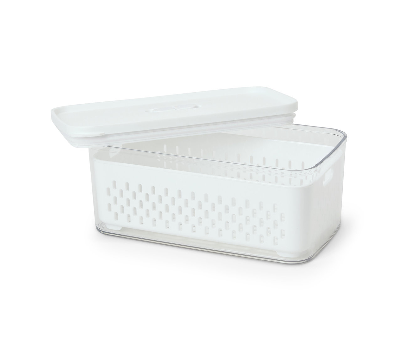 Przezroczysty pojemnik spożywczy z sitkiem i białą pokrywką.