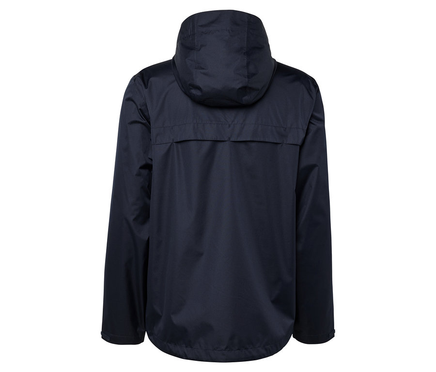 Granatowa kurtka z kapturem widziana od tyłu.