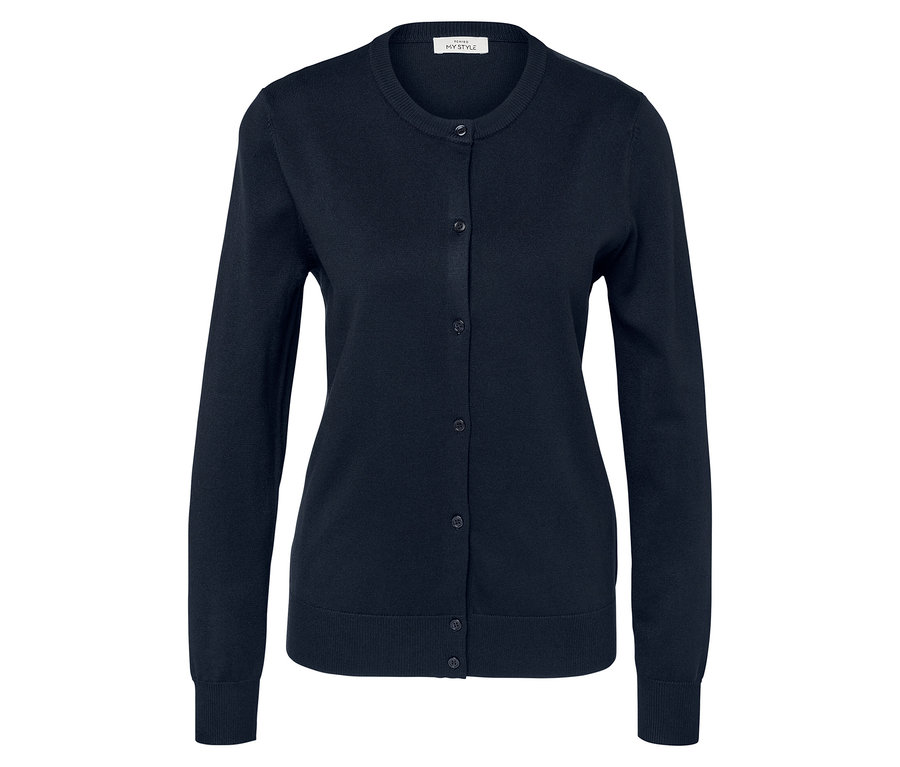 Granatowy kardigan z okrągłym dekoltem i guzikami.