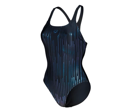 Kostium kąpielowy arena Feel Hyacinth Swim Pro Back z niebieskimi i fioletowymi paskami.
