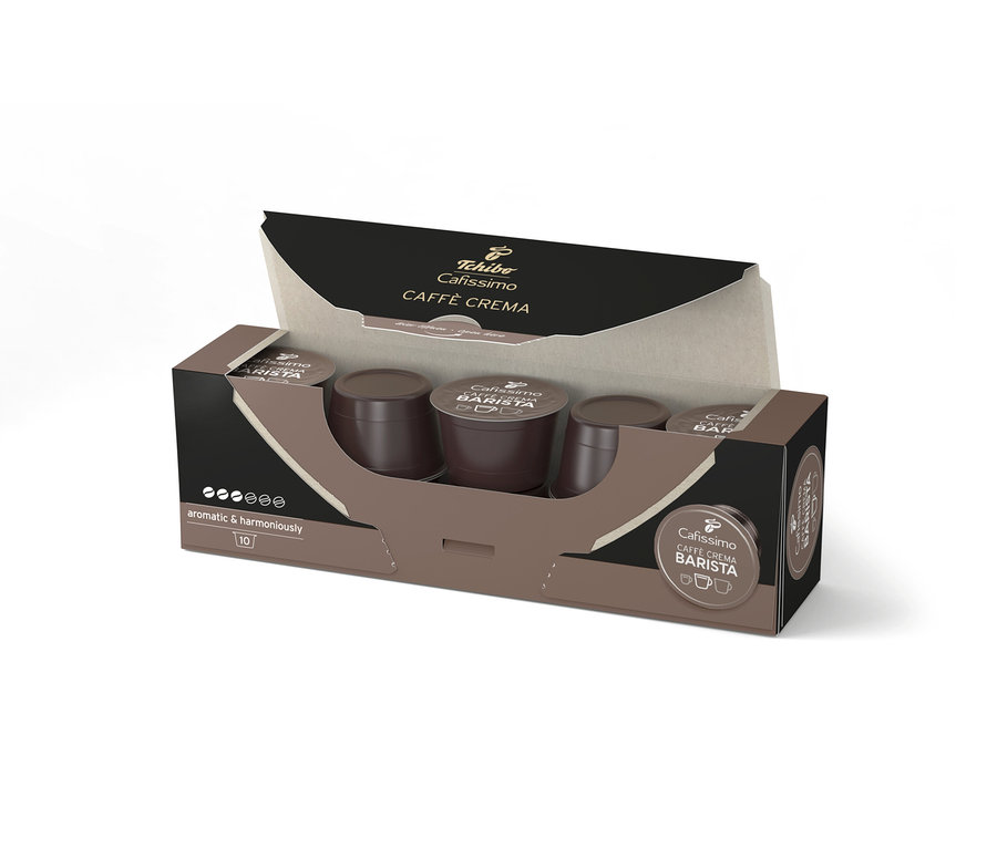 Otwarte opakowanie kapsułek Cafissimo BARISTA Caffè Crema, widocznych 10 sztuk.