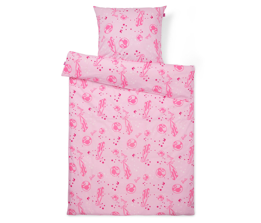 Różowa pościel z baletnicami i planetami.