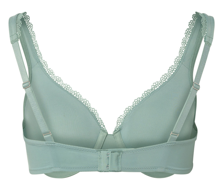 Widok z tyłu jasnozielonego biustonosza z koronkowym wykończeniem i regulowanymi ramiączkami.