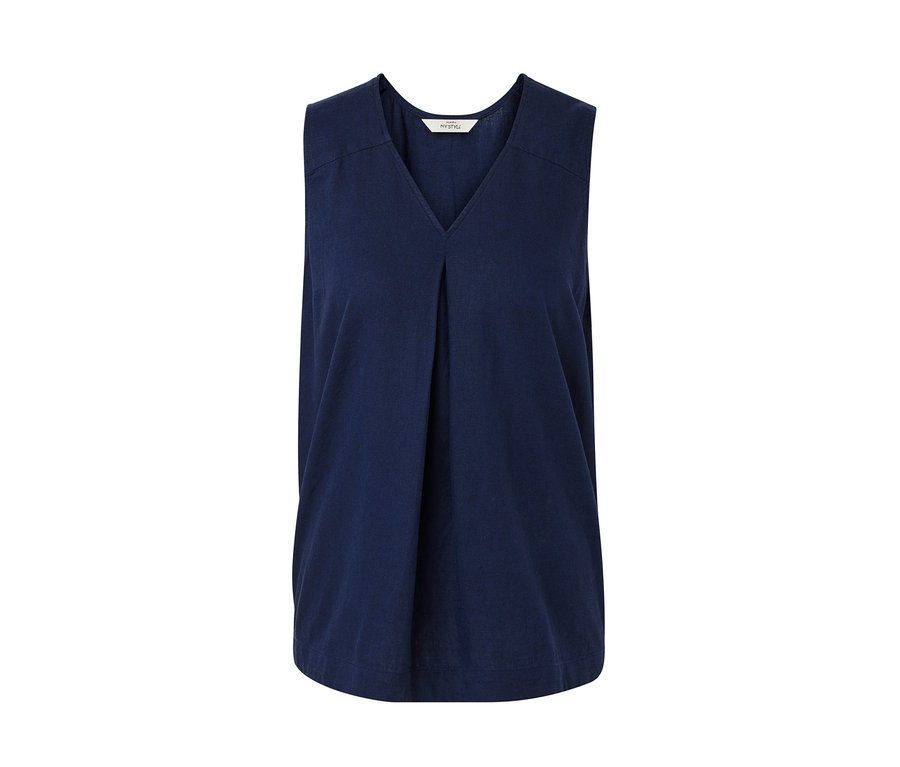 Granatowa lniana bluzka bez rękawów.