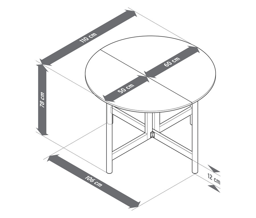 Widok z góry okrągłego stołu z wymiarami: 110 cm długości, 78 cm wysokości, blat 50 x 60 cm, 106 cm szerokości i 12 cm odstępu.