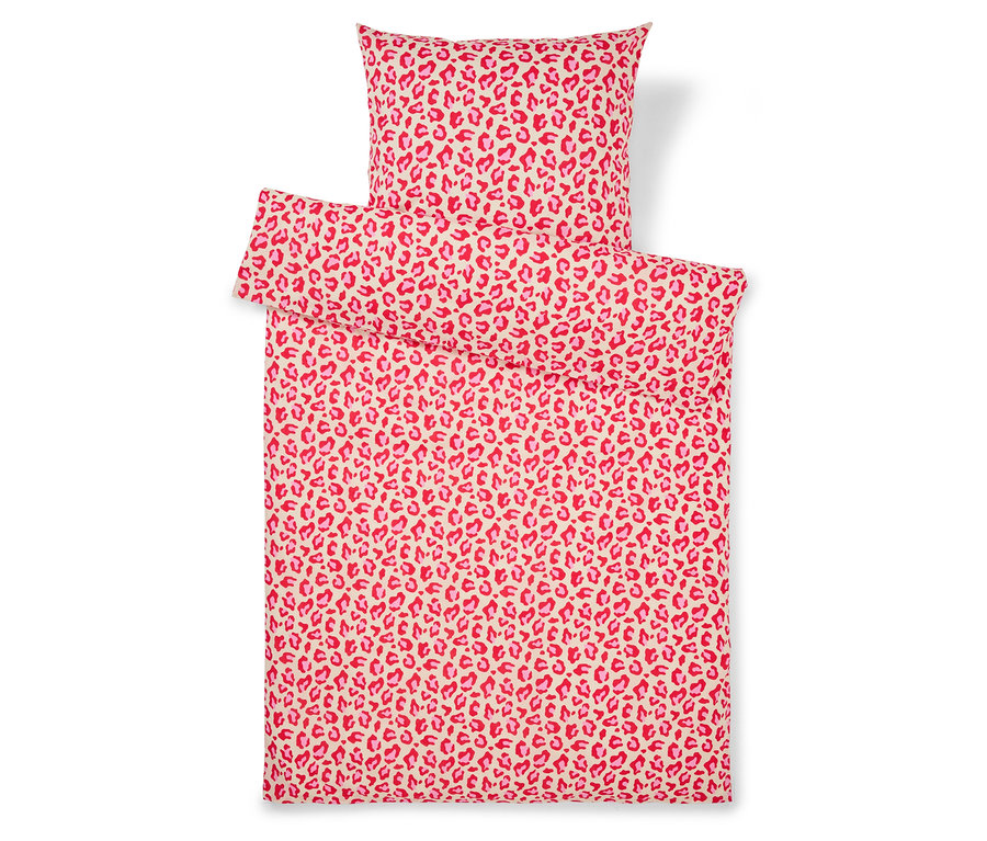 Komplet pościeli w panterkę w odcieniach czerwieni i różu, składający się z poszewki na poduszkę i poszwy na kołdrę.