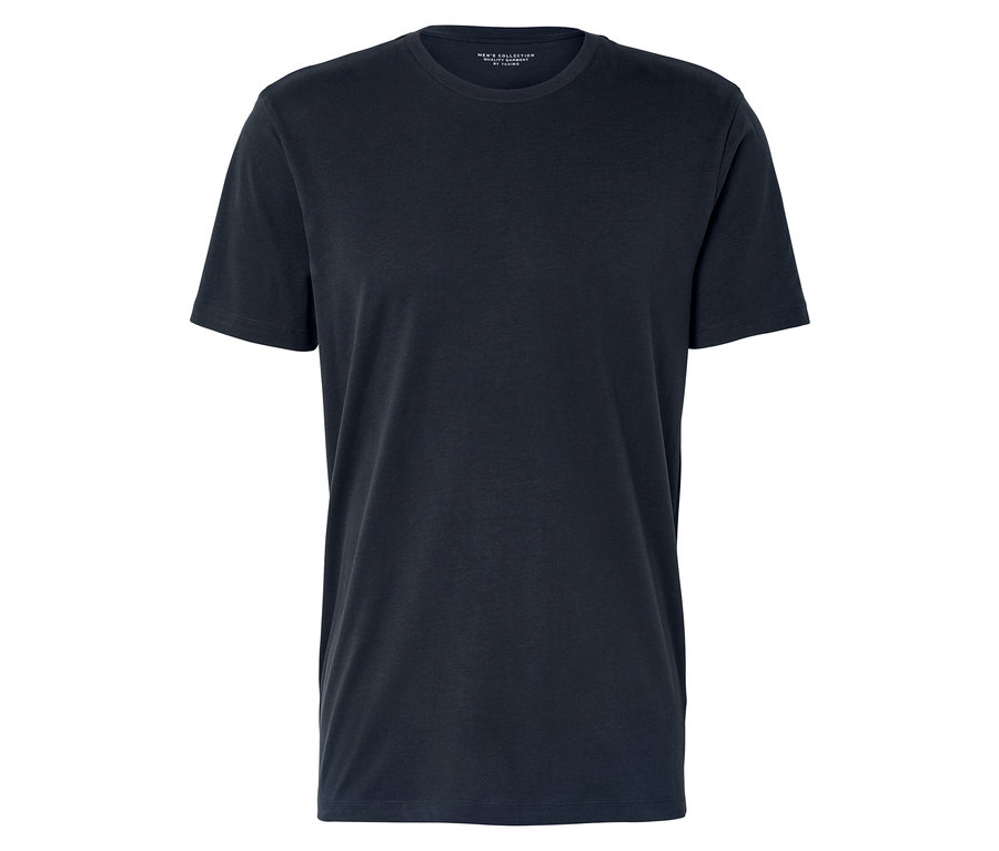 Ciemnoniebieski T-shirt z okrągłym dekoltem leży płasko.