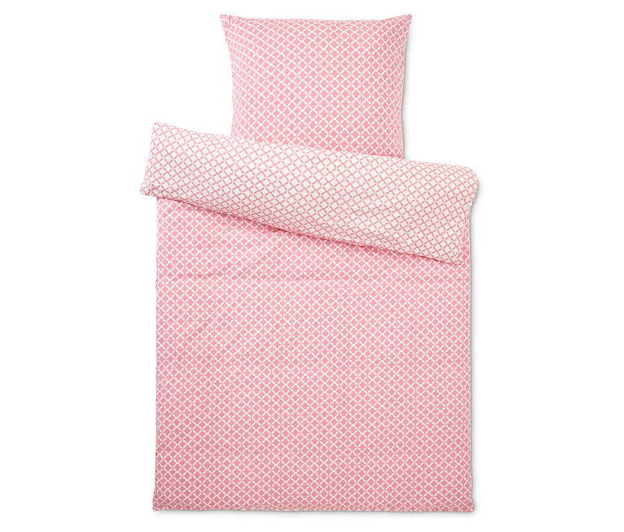Zestaw pościeli z geometrycznym wzorem w kolorze różowo-białym, składający się z poszewki na poduszkę i kołdrę.