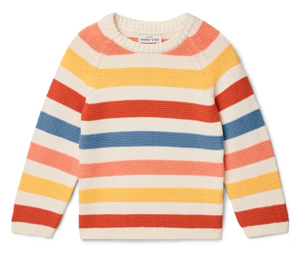 Pasiasty sweter w kolorze białym, żółtym, czerwonym, niebieskim i różowym.
