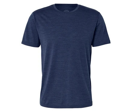 Ciemnoniebieski, melanżowy T-shirt z krótkim rękawem i okrągłym dekoltem.