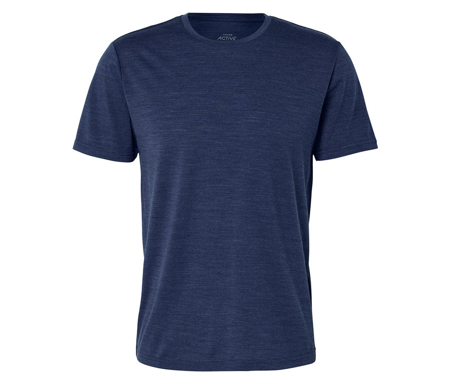 Ciemnoniebieski, melanżowy T-shirt z krótkim rękawem i okrągłym dekoltem.