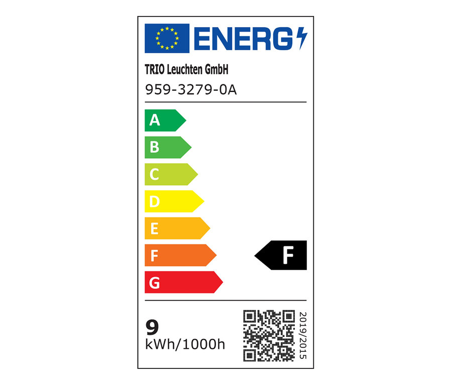 Etykieta energetyczna dla TRIO Leuchten GmbH, model 959-3279-0A, wskazująca klasę efektywności energetycznej F i zużycie 9 kWh na 1000 godzin.