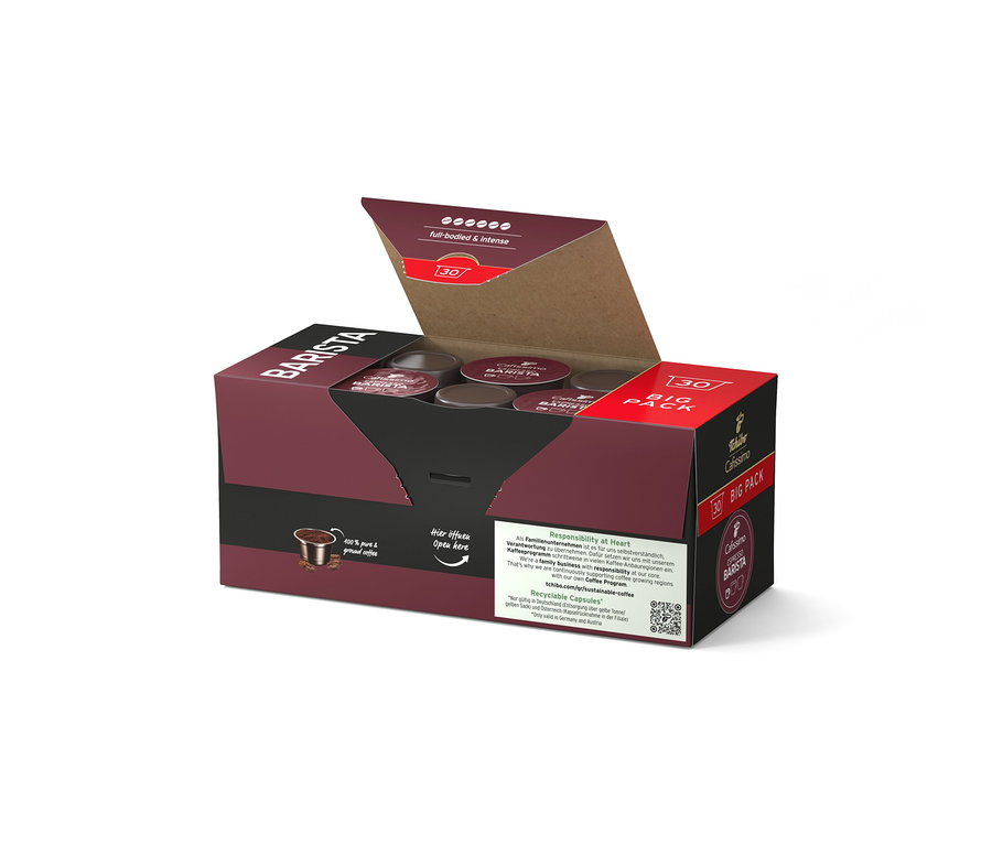 Otwarte, brązowe opakowanie z kapsułkami kawy. Na opakowaniu widnieje napis „BARISTA” i „30 BIG PACK”.