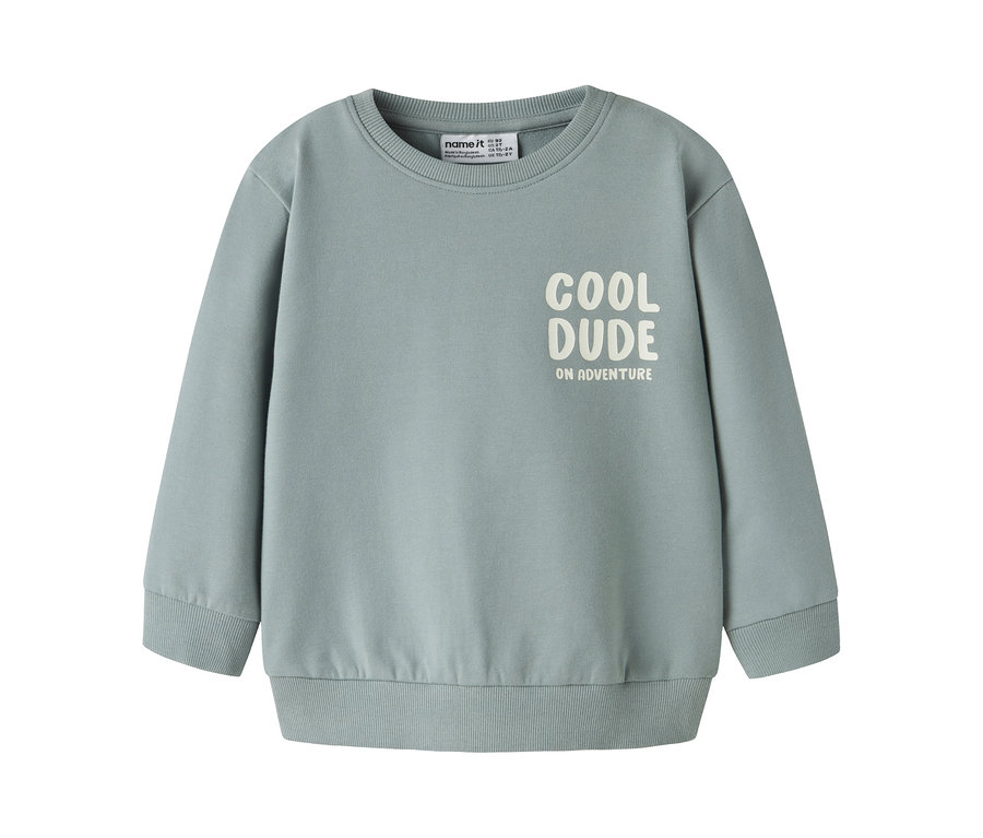 Jasnoniebiesko-zielona dziecięca bluza dresowa NAME IT z napisem „COOL DUDE ON ADVENTURE” z przodu.