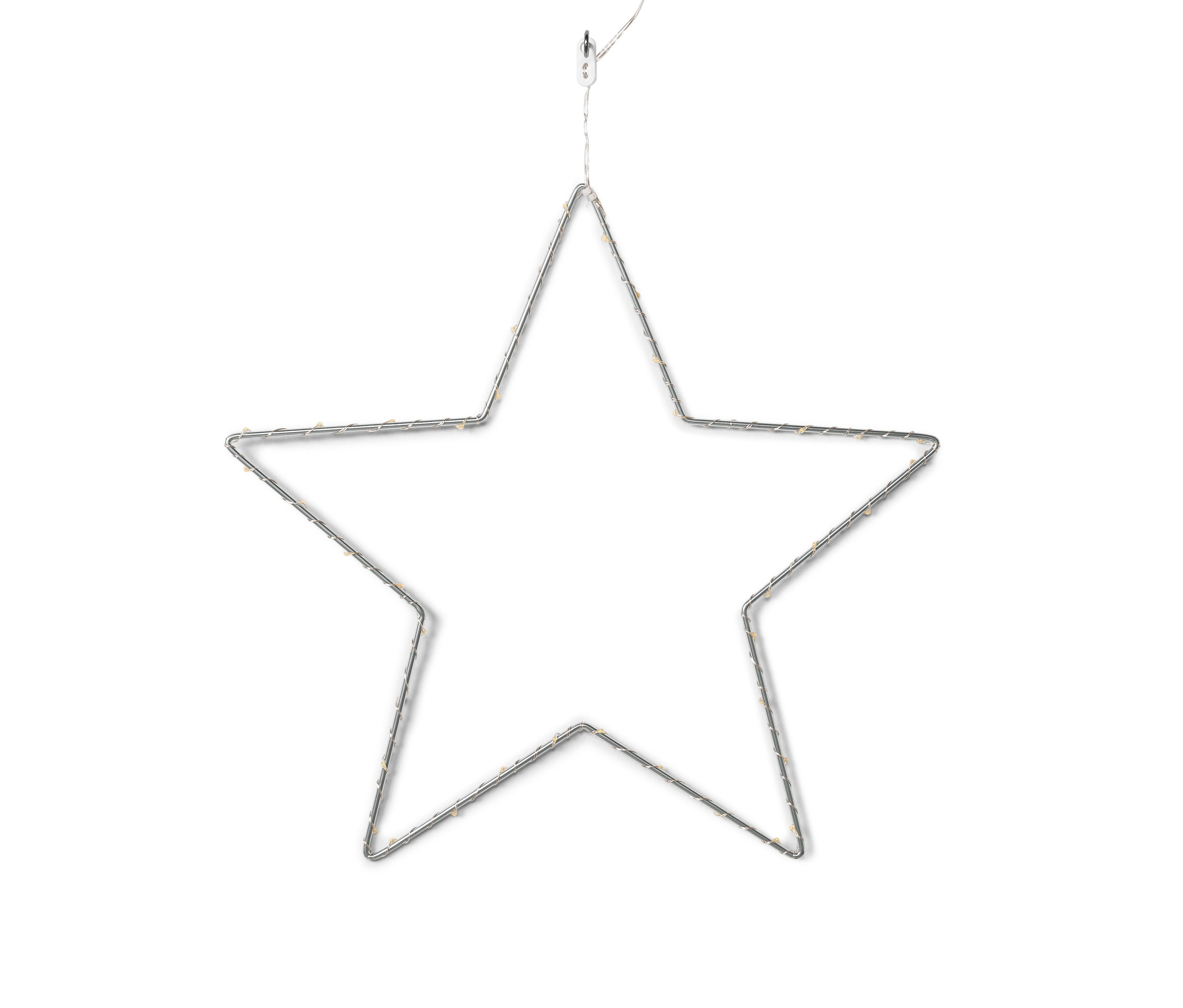 Mała metalowa gwiazda LED wisi na białym tle.