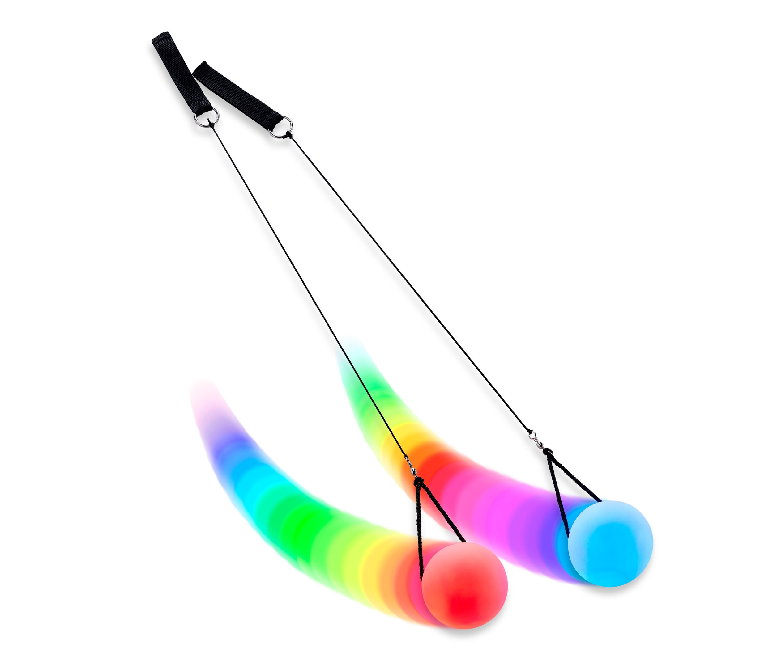 Para kul LED poi na białym tle. Ruch poi tworzy efekt tęczy.