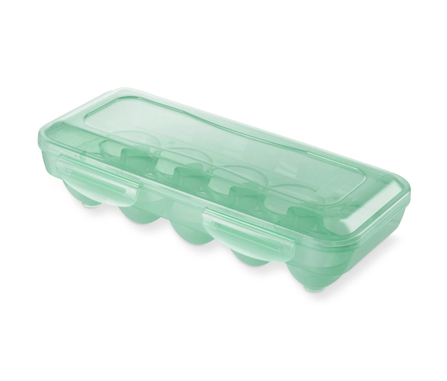 Zamknięty, przezroczysty, zielony zamykany pojemnik na 10 jajek.