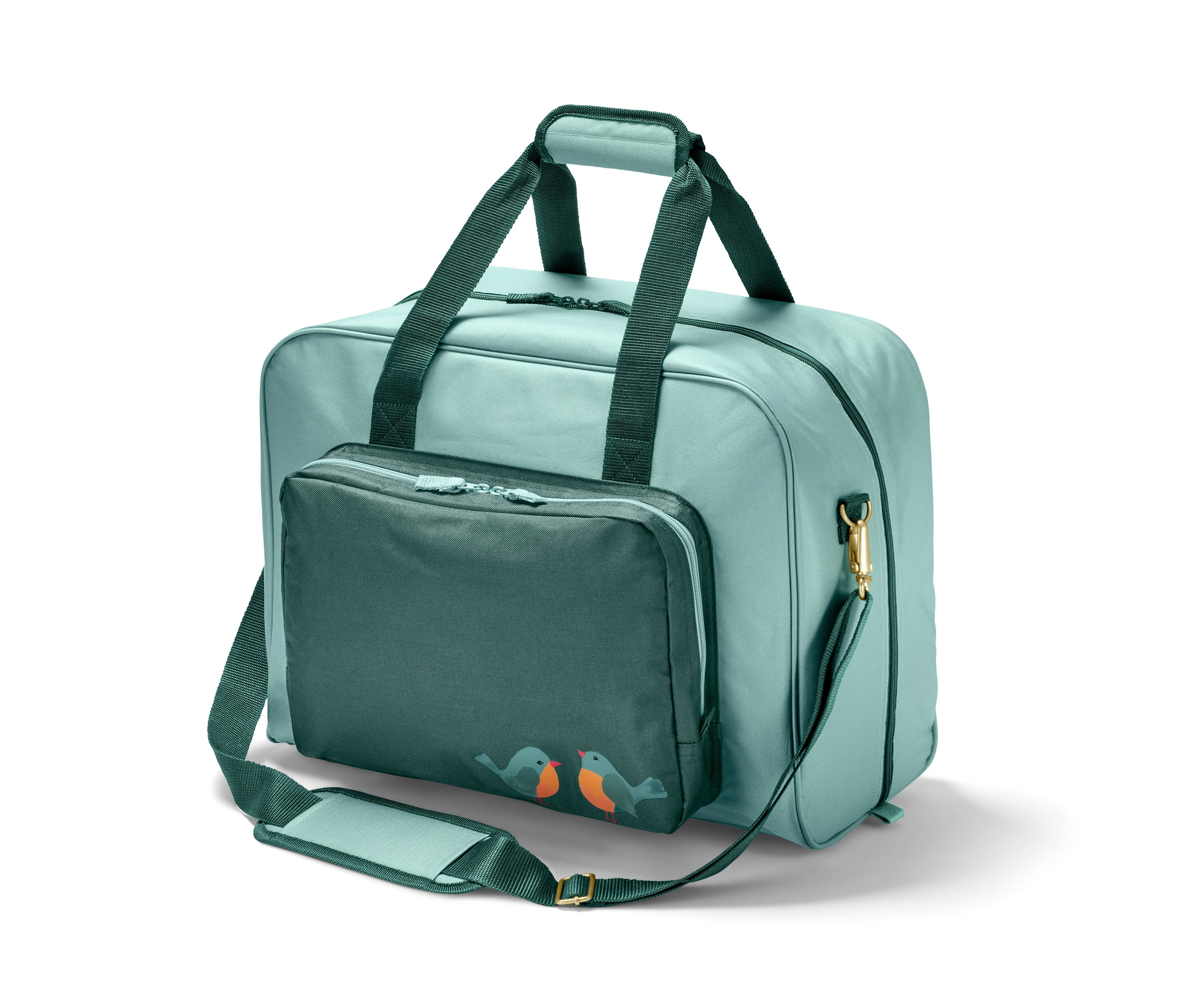 Jasnoniebiesko-zielona torba na maszynę do szycia z ciemnozieloną kieszenią i nadrukiem ptaków.