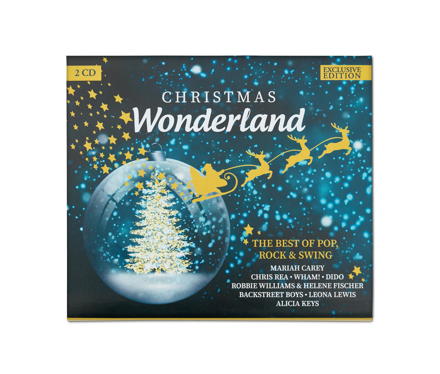 Okładka płyty CD »Christmas Wonderland« z choinką w bombce, Świętym Mikołajem i reniferami.